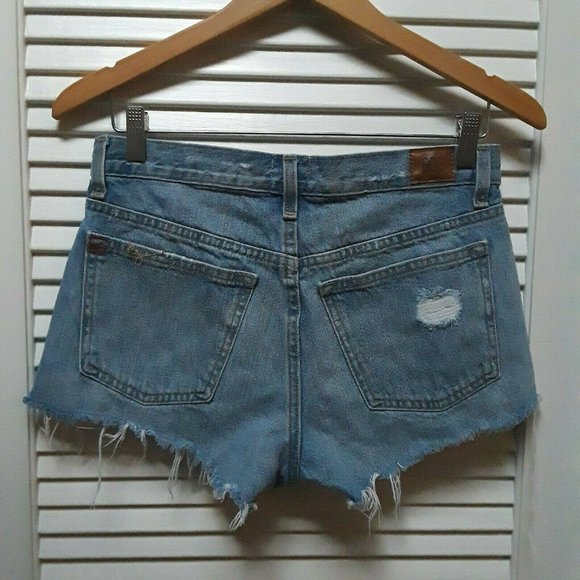 BDG Distressed Destructed Denim Jeans Blue Shorts Ripped Frayed Mid Rise Size 27 - Picture 8 of 12